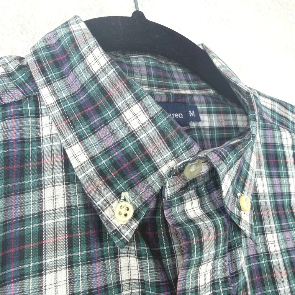 Ralph Lauren Plaid Button‎ Down Shirt Long Sleeve Cotton Green Blue Boys Size M